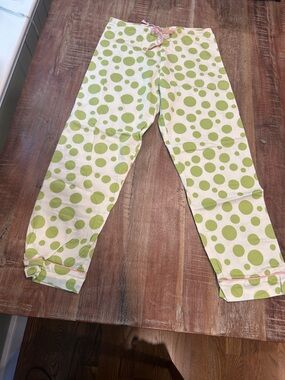 BedHead White Egyptian Cotton Pajama Pants Green Polka Dots and Pink Trim